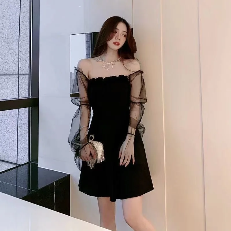 Сетчатое платье с рукавом-пузырьком милое в готическом стиле открытыми плечами и