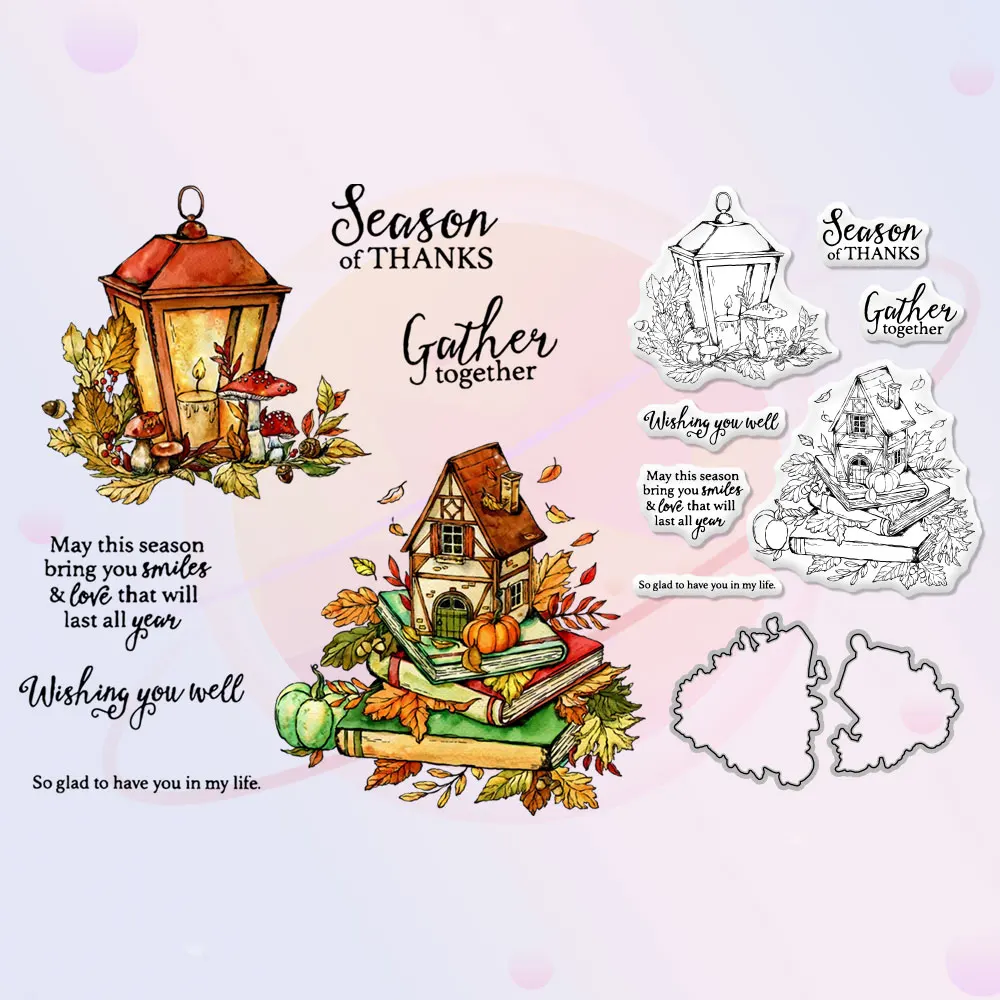 

Autumn Season Leaves House And Lamp Cutting Dies Clear Stamp DIY Scrapbooking Metal Cut Dies Silicone Stamps For Cards Diary