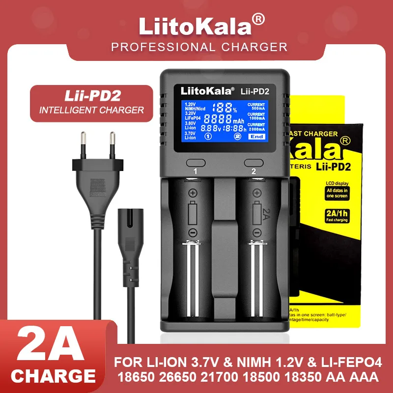 

Зарядное устройство для литиевых аккумуляторов Liitokala Lii-PD2 ЖК-дисплей 3,7 в/1,2 в/3,2 В/3,8 в NiMH 18650 18350 18500 21700 20700