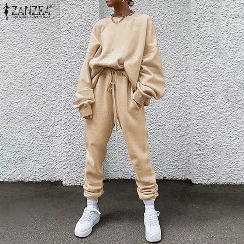 

Spring Stylish Tracksuits Pant Sets Women Casual Solid 2PCS Loose Sweatershirt Elastic Waist Pant ZANZEA Vintage Matching Sets