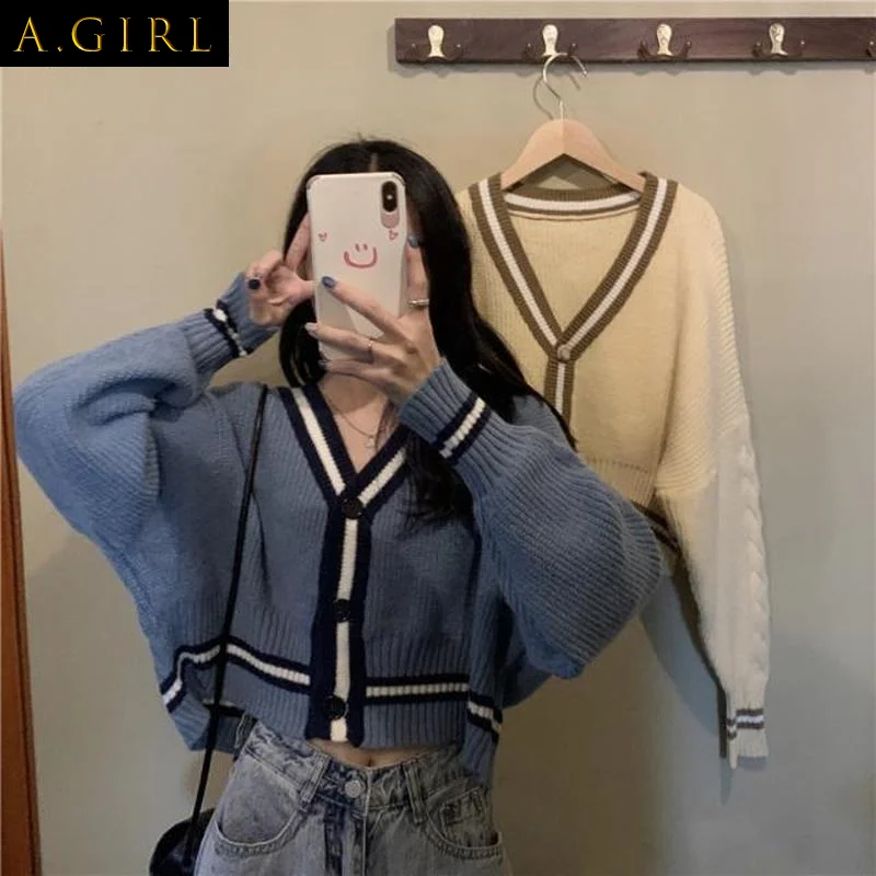 

Cardigan Women Preppy Style Simple Korean Maiden Striped Long Sleeve Daily Street College Popular Sweater Female Leisure Buttons