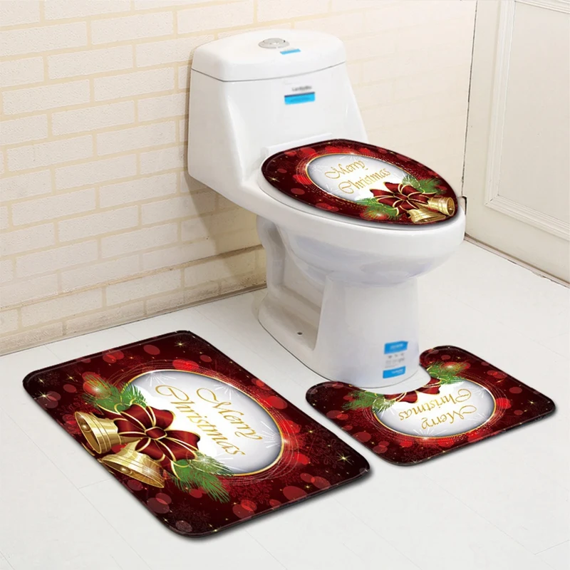 

3 Pcs Bathroom Rug Mats Set Toilet Lid Cover Christmas Bell Pattern Pedestal Mat Non Slip Bath Mat Rug Set for Home