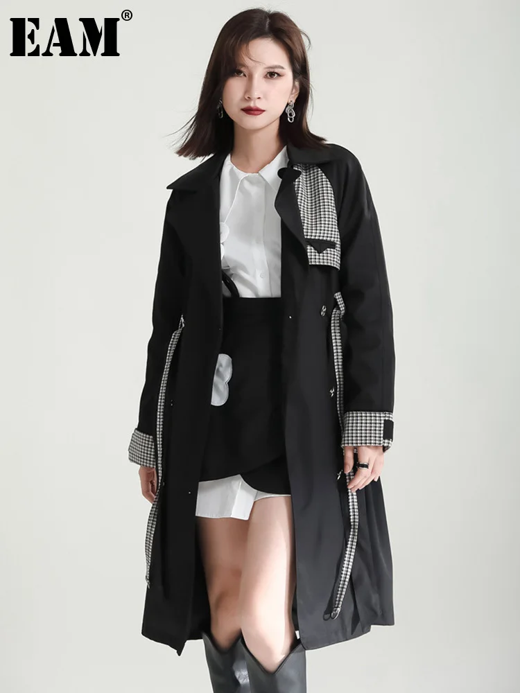 

[EAM] Women Black Plaid Long Casual Trench New Lapel Long Sleeve Loose Fit Windbreaker Fashion Tide Spring Autumn 2023 1DF3234
