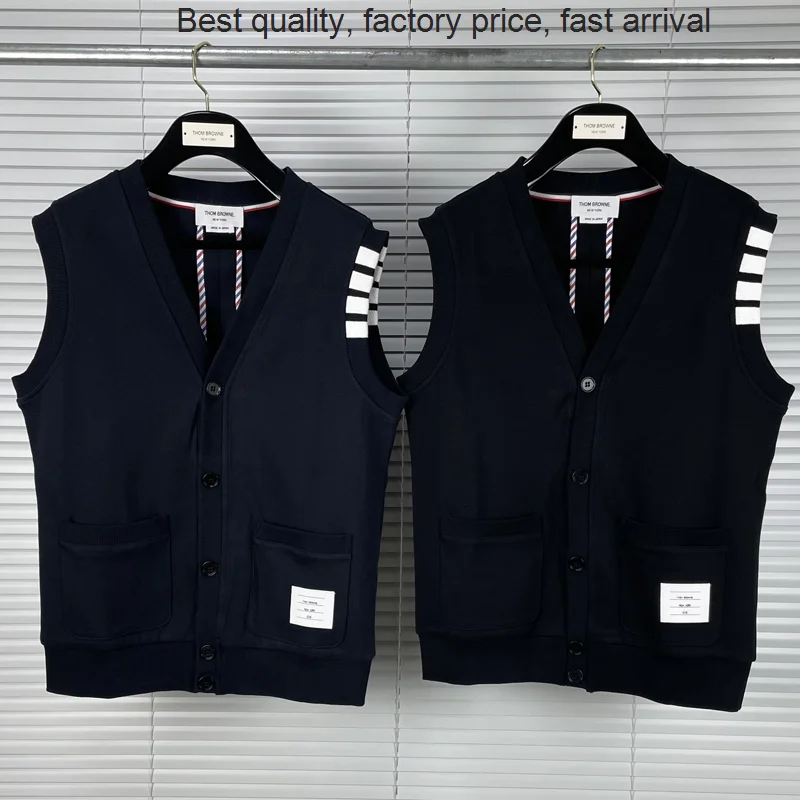 

High quality luxury brand 2023 Fashion TB THOM Brand Vest Solid Cotton Casual Sweaters Men Slim Fit Cardigan Coat Autumn Winter