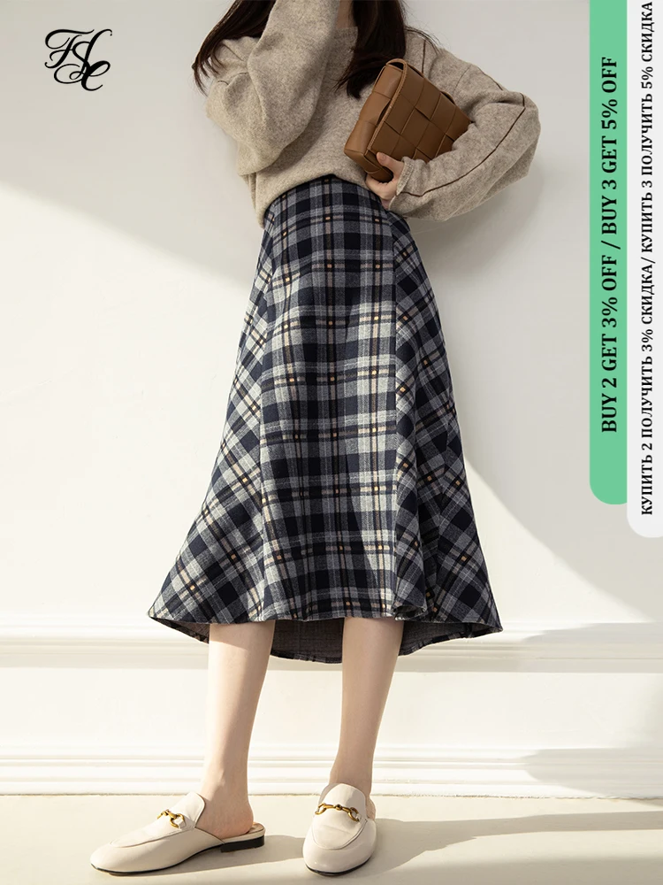 

FSLE Elegant Wool Blend Long Plaid Trumpet Skirt Women Autumn Winter High Waist Skirt Vintage Office Lady Sexy Skirt 2020