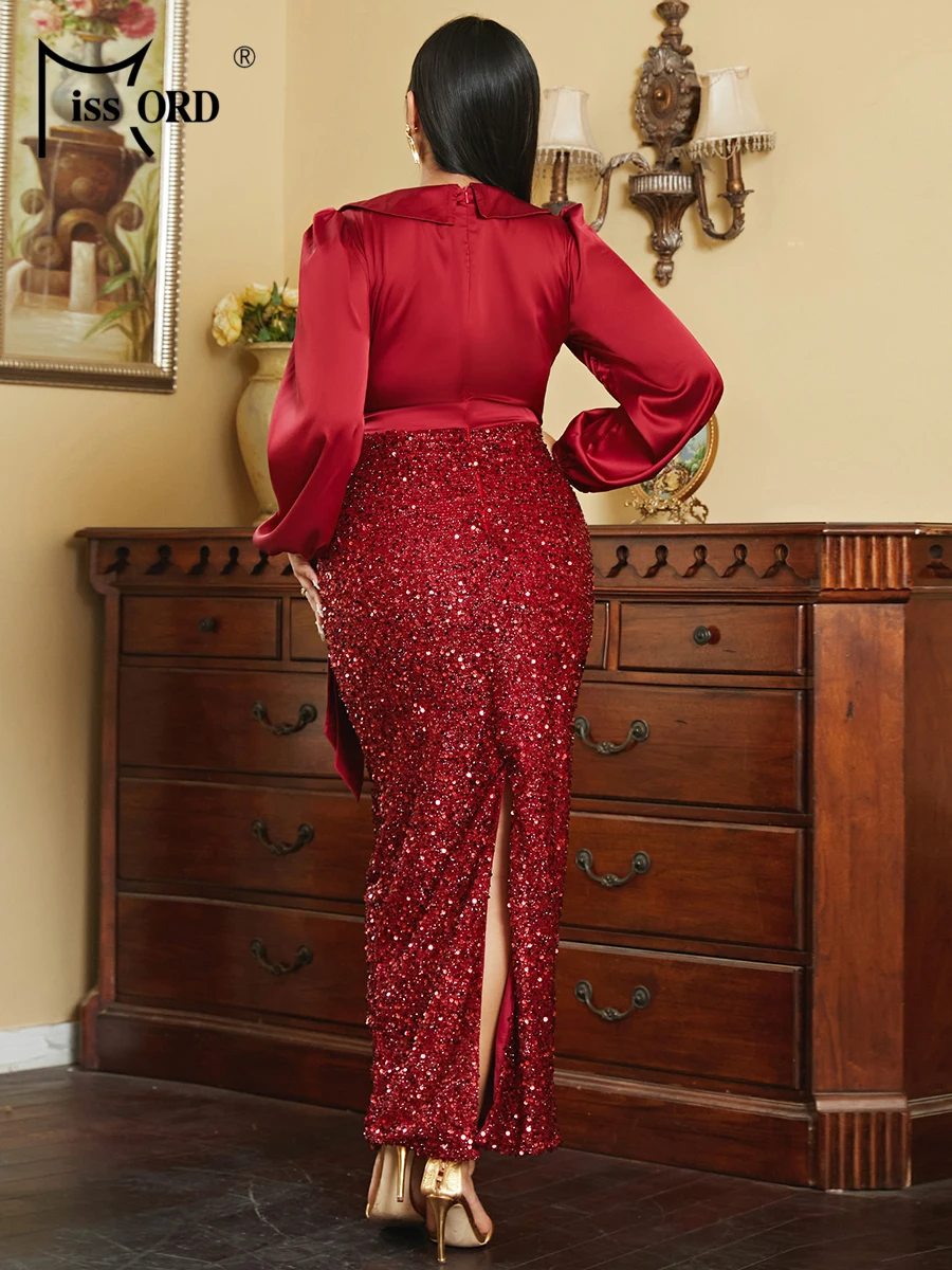 Missord Women V-neck Long Sleeve Lace-up Split Sequin Plus Size Dress Ladies Evening Party Banquet Formal Dresses
