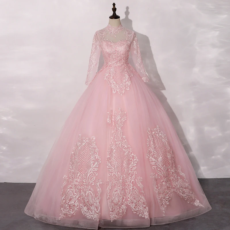 

High Neck Vestido De Debutante Sweet Pink Robe De Bal Elegant Long Tulle Ball Gowns With Illusion Sleeves Plus Size Custom Made