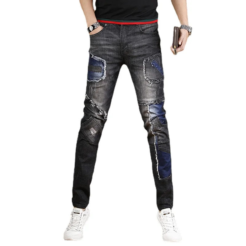 Autumn Black Patchwork Jeans Men Streetwear Slim Fit Straight Pants Casual Biker Stretch Denim Trousers