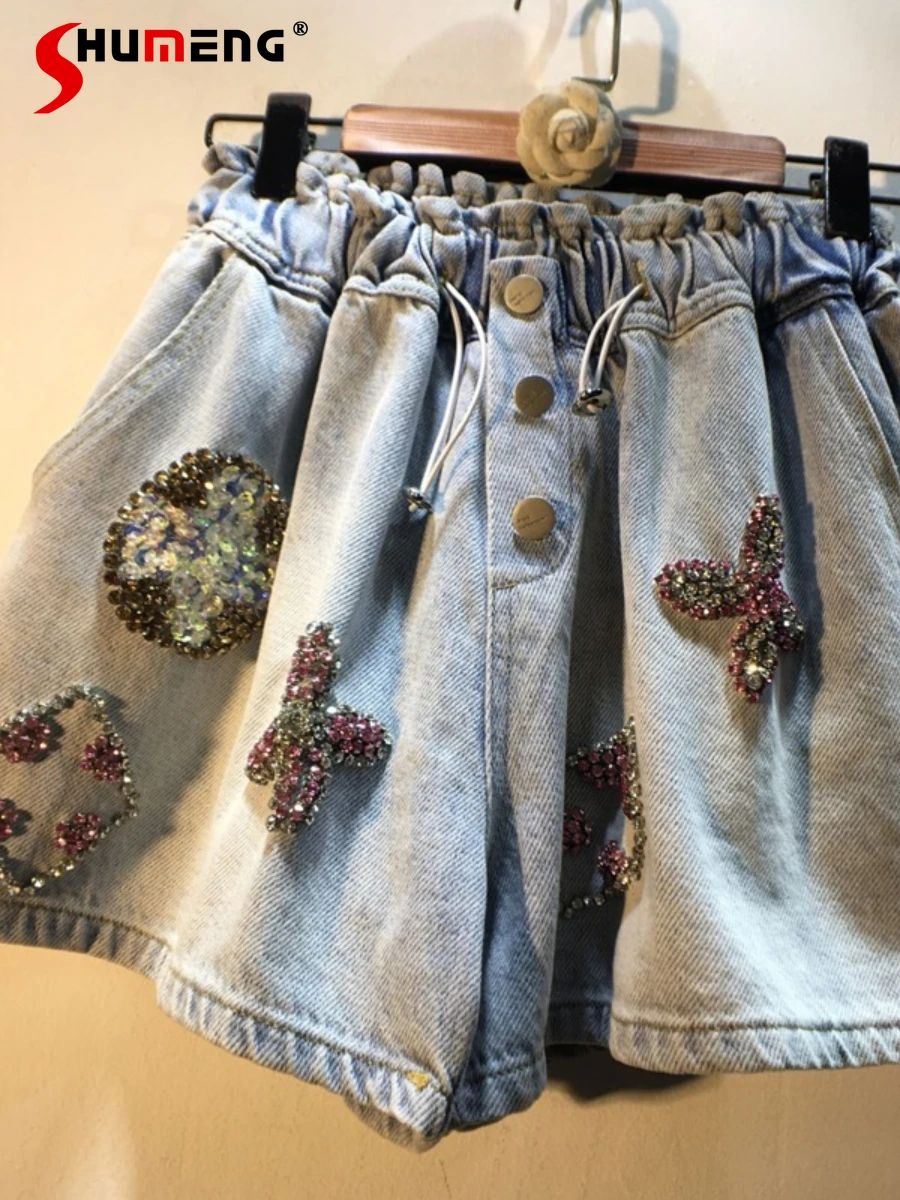 

Exquisite Rhinestone Beaded Drawstring High Waist Slimming Wide-Leg Denim Shorts Women 2022 New Summer Female Jeans Short Pants