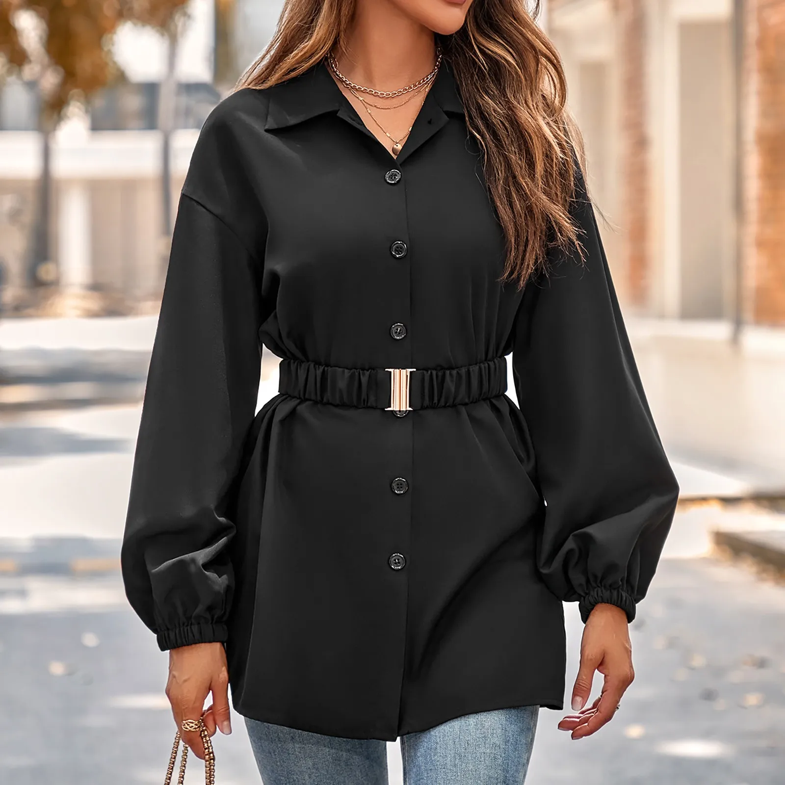 

Womens Fashion Blouse With Waist Belt V Neck Solid Lantern Long Sleeve Top Long Shirts & Blouses Autumn Blusa Mujer Moda Camisas