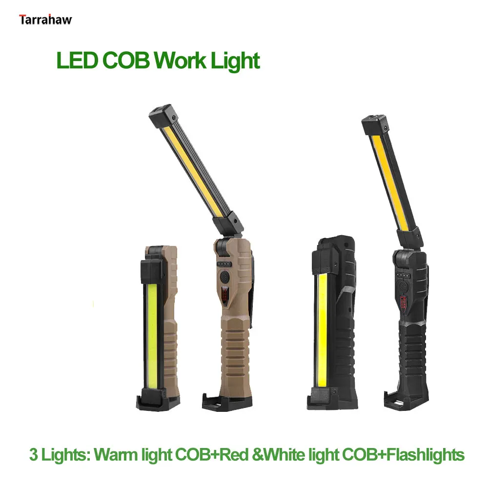 Multifunction COB Three Lights Led Flashlight USB Rechargeable Work Light Magnetic Lanterna Hanging Lamp with Built-in Battery