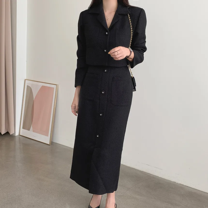 Elegant Black Khaki Tweed Two-Piece Skirts and Blazer Korean Long Sleeve Short Jacket Coat High Waist Long Midi Skirt Suits