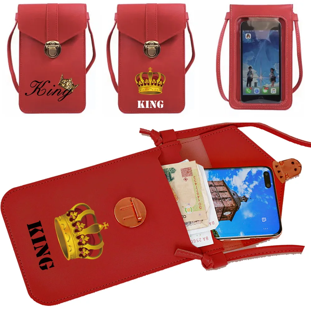 

Женские сумки из искусственной кожи, органайзер для телефона с сенсорным экраном, маленькие дамские сумочки через плечо с принтом King Queen и кредитницей для девушек
