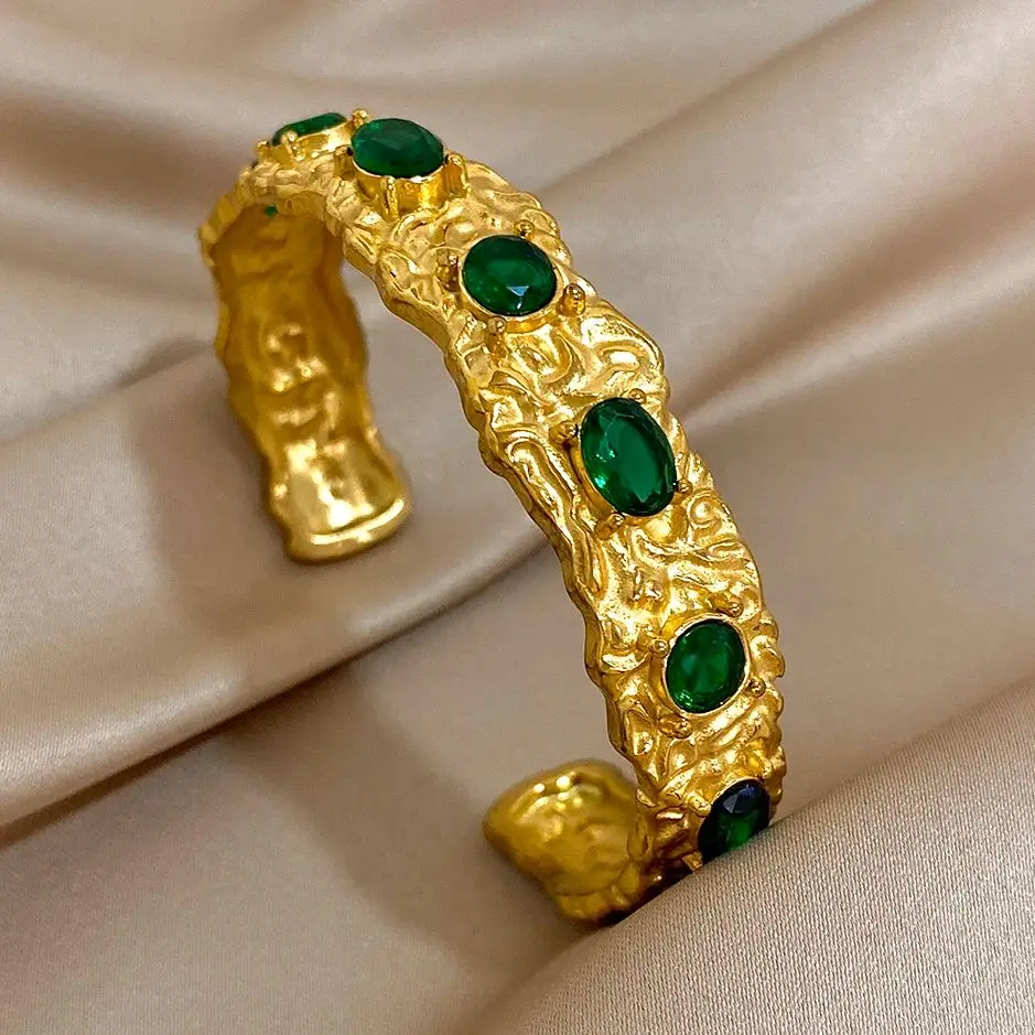 Винтажный браслет-манжета из нержавеющей стали с зеленым цирконием массивные