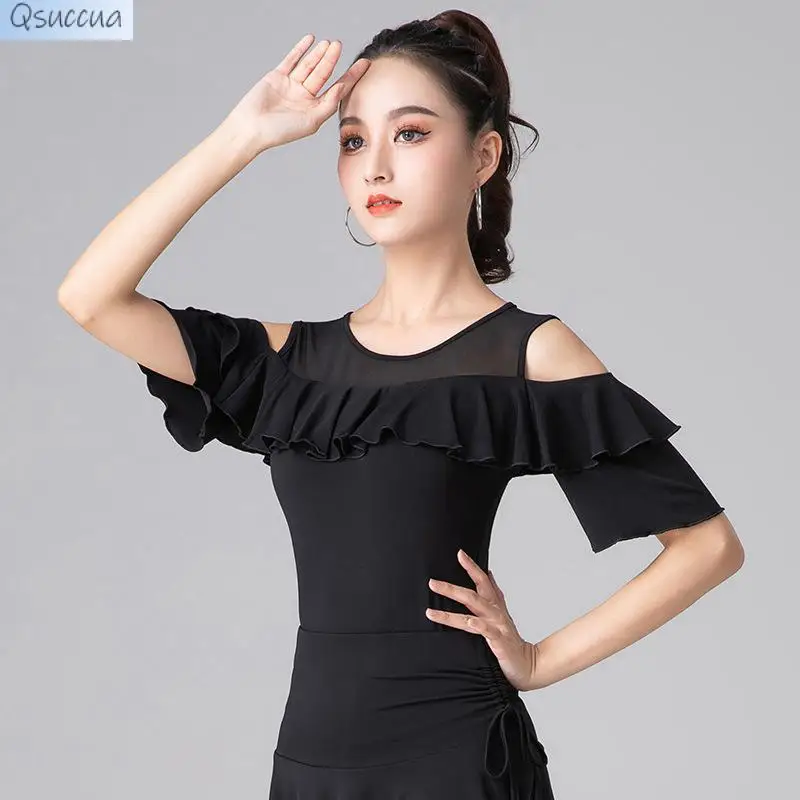 

2023 New Latin Dance Tops Dance Clothes Mesh Stitching Lotus Leaf Sleeves National Standard Dance Practice Clothes Hollow