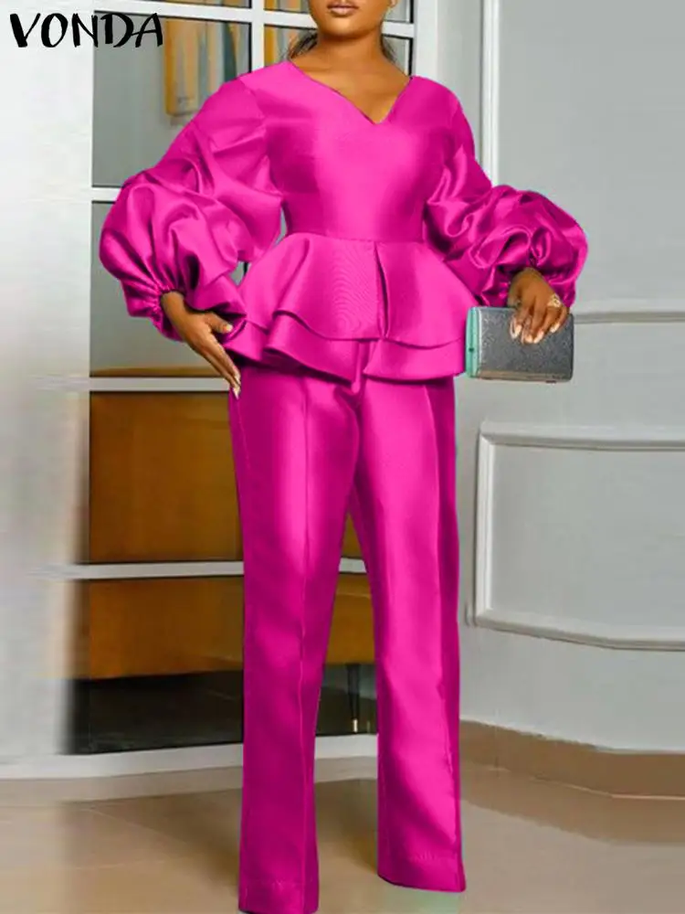 

VONDA Women Elegant Pant Sets 2023 Fashion Sexy V-Long Lantern Sleeve Solid Color Ruffled Matching Sets Loose Casual Party Suits