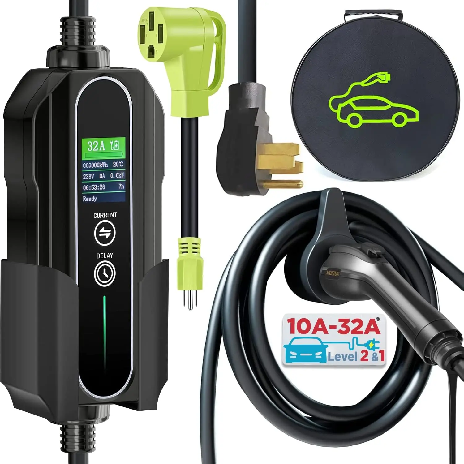 

2 & 1 EV Charger (10-32Amp, 110V-240V, 25ft Cable, SAE J1772), Home/Outdoor Portable Vehicle with NEMA 14-50P/5-15P to 14-5