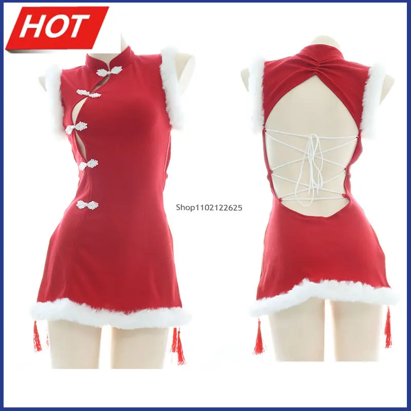 

Красное платье Ципао с открытой спиной и Боковым Разрезом для рождественской вечеринки, мини-платья для китайской девушки, униформа служан...