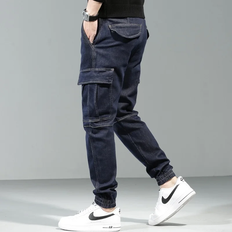 Fashion Jeans Men Cargo Pants Tactical Dark Blue Jean Streetwear Hip Hop Casual Stretch Denim Trousers