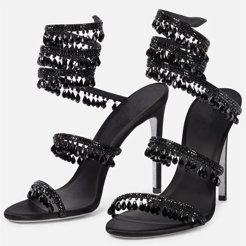 Snakelike Rhinestone Women High Heels Sandals Summer Thin Heel Open Toe Wedding Bridals Shoes Fashion Ankle Twine Ladies Pumps