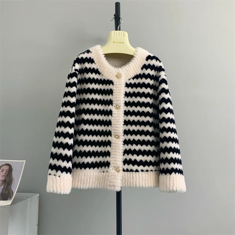 

wool 100% genuine Off season round neck cardigan composite fur one piece sheep sheared lamb women's 2023 autumn winter coat stri