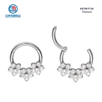 astm f136 titanium prong set zircon 3 flowers clicker nose ring earring hoop body piercing jewelry