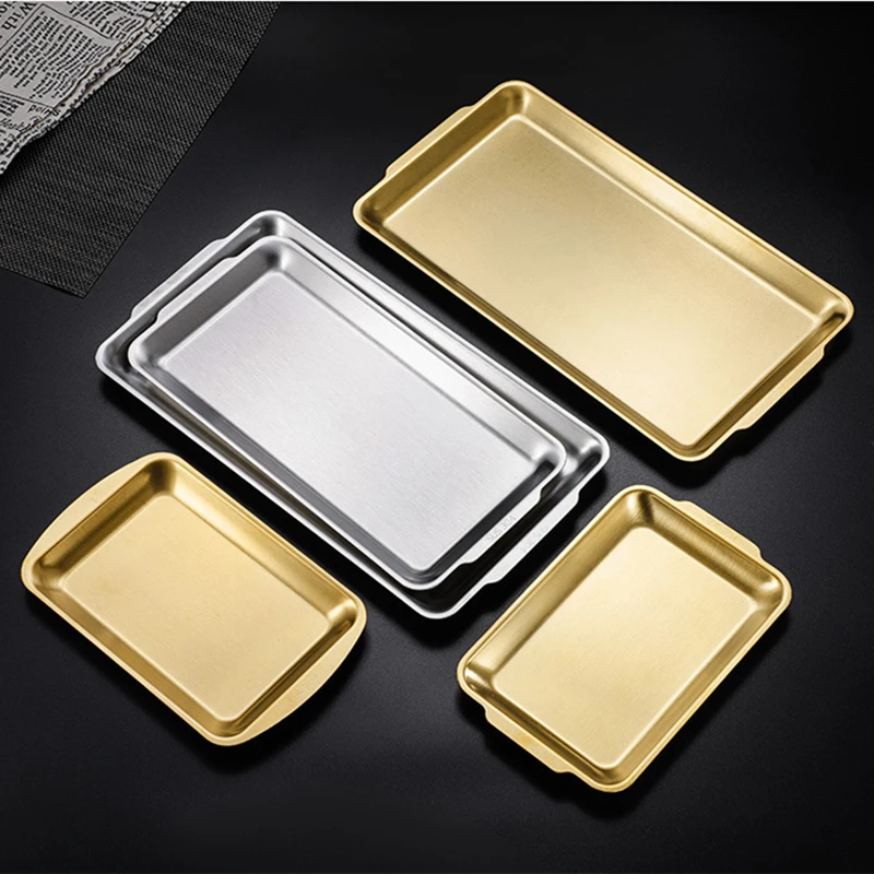 

Stainless Steel Golden Food Steaming Tray Rectangular Thicken Plates Baking Cake Bread Pan Kitchen Vegetables Storage Drain Dish
