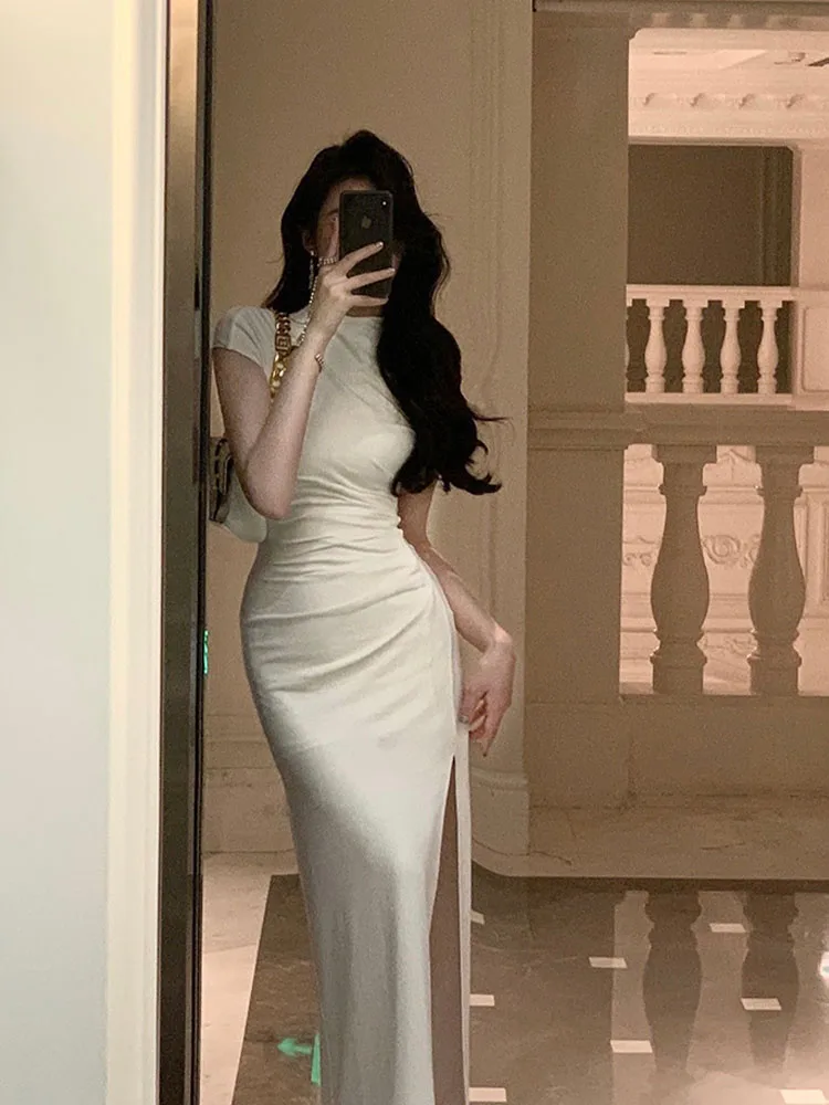 

Elegant Dress for Women Short Sleeve Party Split Dress Office Lady Sheath Slim Fit O Neck 2023 New Spring Summer Dress