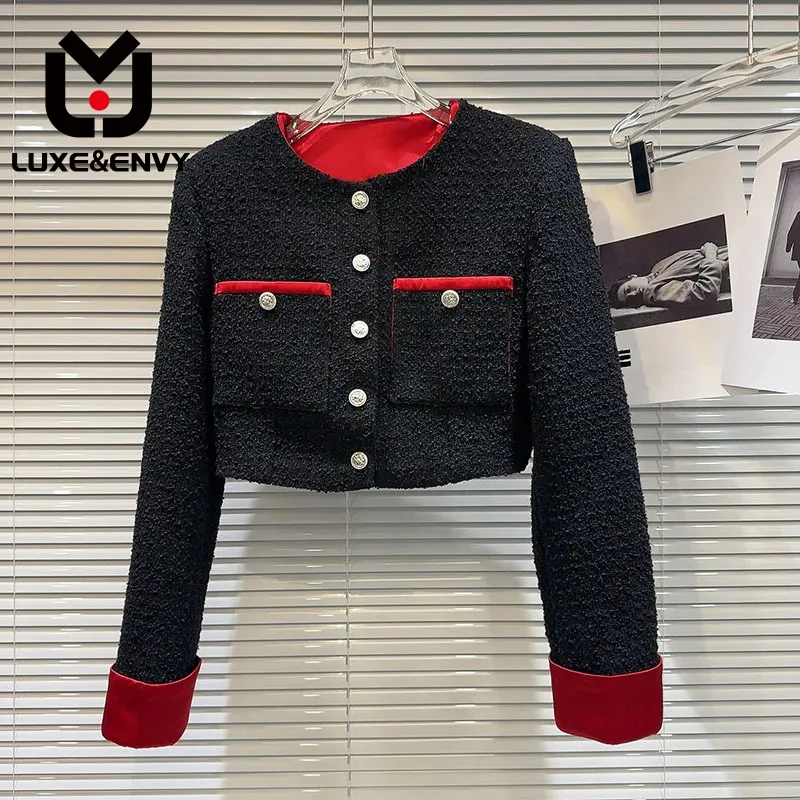 

Роскошная онлайн-знаменитость LUXE & ENVY с новым маленьким ароматическим карманом, контрастный дизайн, твидовая куртка для верховой езды, топ, осень 2023