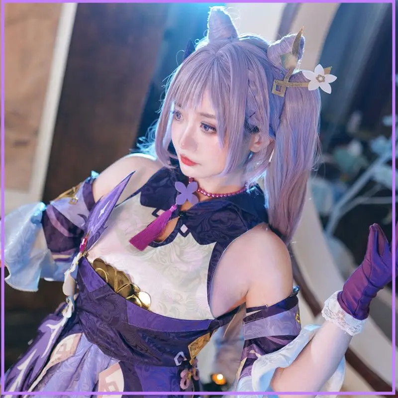 Игра Genshin Impact Keqing Косплей Костюм Парик Полный комплект Платье Комическое шоу