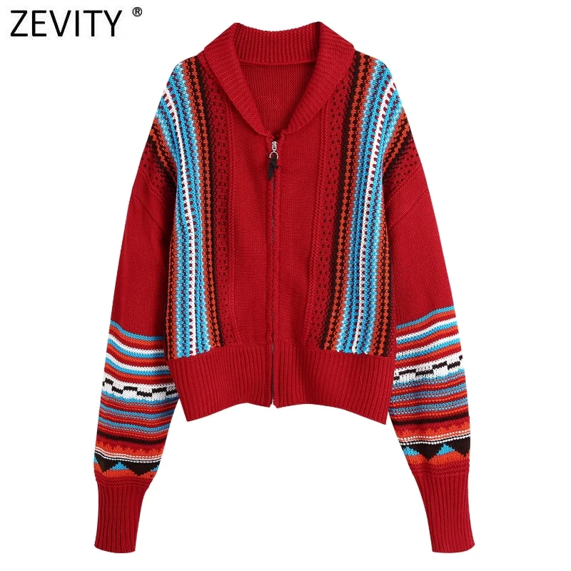 

Zevity Women Vintage Turn Down Collar Colorful Striped Patchwork Casual Knitting Sweater Female Chic Zipper Fly Coat Tops SW964