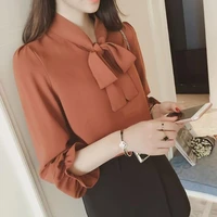2022 new spring summer korean style large size chiffon shirt womens bow princess sleeve all match chiffon blouse lace up shirt