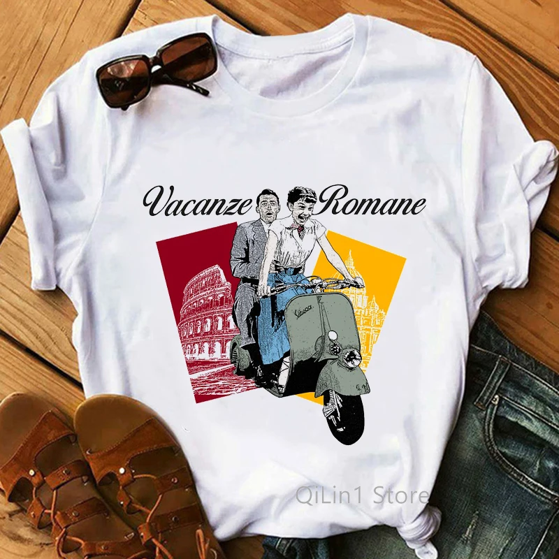 

Vintage Roman Holiday Audrey Hepburn Vespa Scooter Print Tee Shirt Femme Summer Top Female T-Shirt Women Graphic T Shirts Tshirt