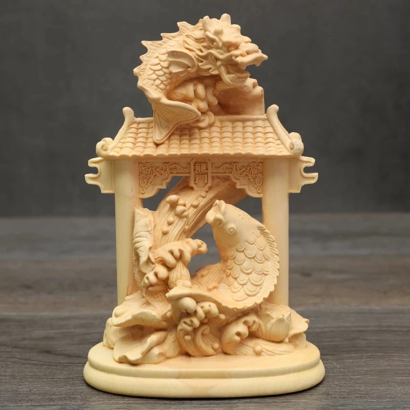 15cm Carps Jumping Over The Dragon Gate Sculpture Boxwood Carved Prosperity Feng Shui Statue Animal Home Decor