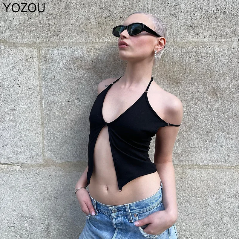 

YOZOU 2022 летний шикарный черный укороченный топ без рукавов с лямкой на шее и открытой спиной, женские майки, Готическая футболка Y2k в стиле пан...
