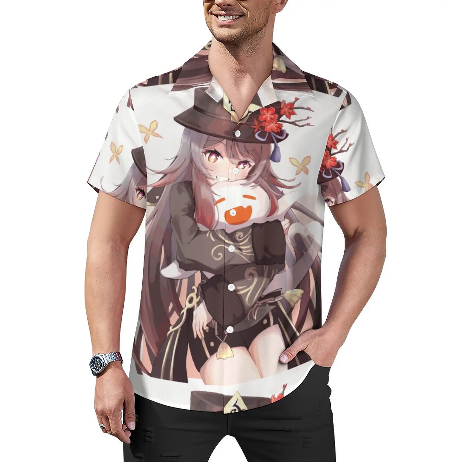 

Genshin Impact Hu Tao Blouses Man Namecard Papilio Charontis Hutao Casual Shirts Hawaiian Short-Sleeve Oversized Vacation Shirt