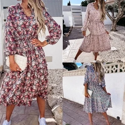 

2022 European and American spring and summer new digital printing small fresh sweet lace medium length dress