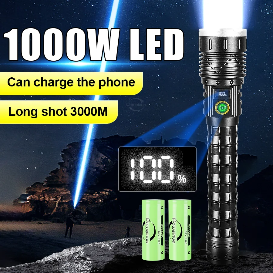 1000 Вт супер яркий светодиодный фонарик водонепроницаемый перезаряжаемый мощный