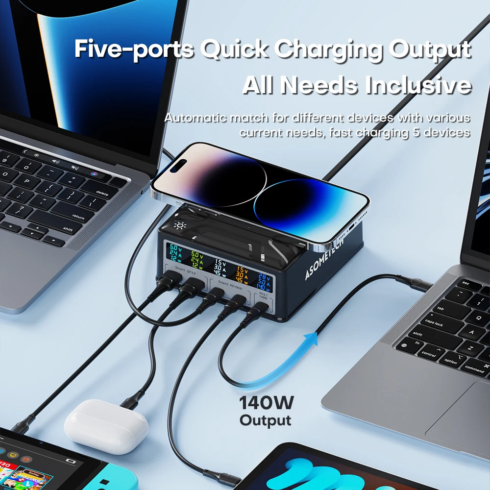 260W PD3.1 USB C Charging Station Wireless Charger LCD Display 5 Ports QC 3.0 PPS Fast Charger for iPhone 14 MacBook Pro Samsung