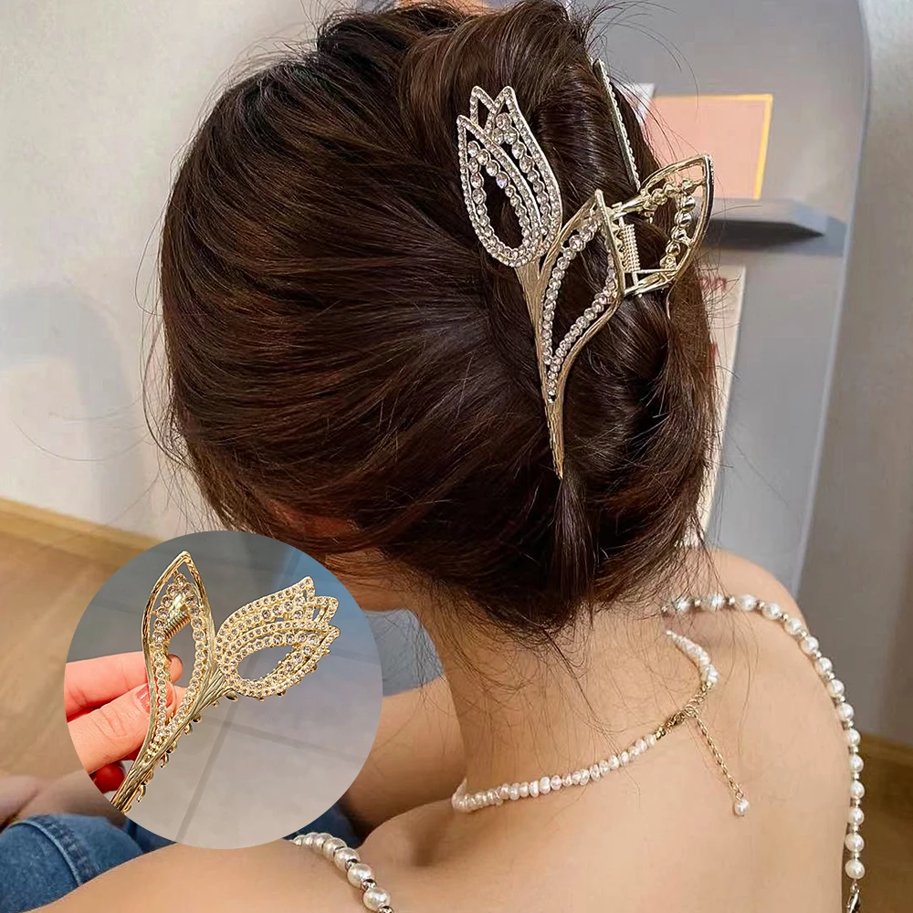 

1pc Tulip Flower Grab Clip Temperament Elegant Rhinestone Hairpin Big Back Head Ponytail Grab Clip Decorative Headdress Hairpin
