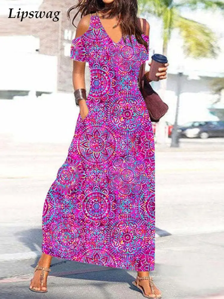 

Женские пикантные платья с открытыми плечами для вечеринок, офисное элегантное пляжное длинное платье с принтом, женское повседневное своб...