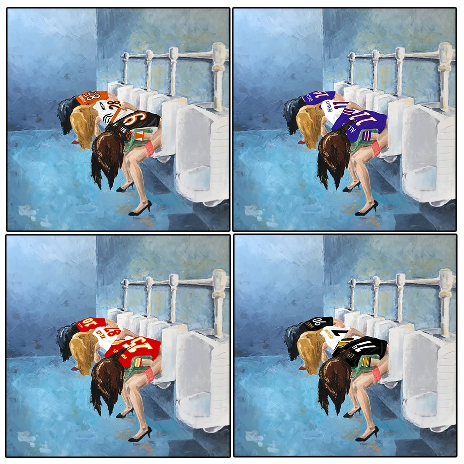 

Funny Posters and Prints Spoof Girl In Men'S Restroom Football Jersey Oil Painting Wall Art Canvas Painting Room Decor Artwork