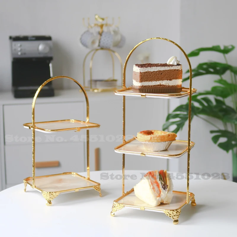 

European-style Three-tier Cake Tray Metal Square Multi Layer Dessert Shelf Marble Fruit Dessert Tray Decorative Display Rack