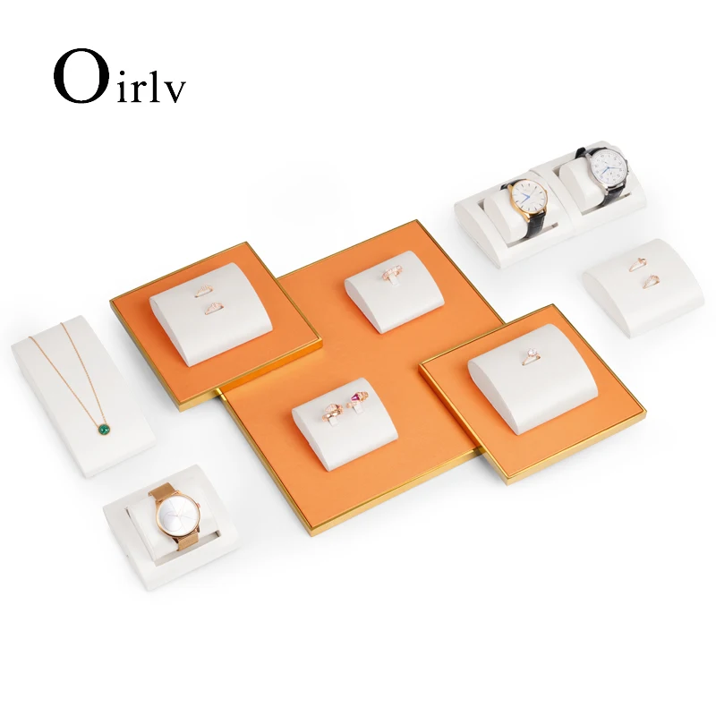 

Oirlv Orange PU Leather Jewelry Counter Display Set with Metal Base Jewelry Exhibited Props for Watch Necklace Ring