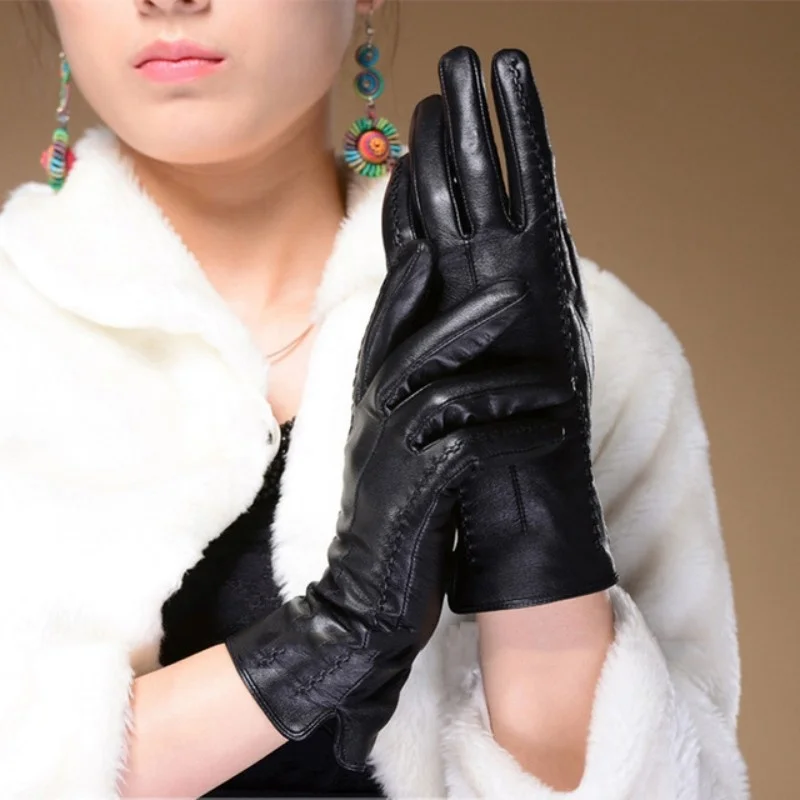 

Lady New Mittens Ruffle Sheepskin Genuine Leather Black Hand Gloves Women Winter Warm Fleece Driving Gloves Handschoenen Guantes