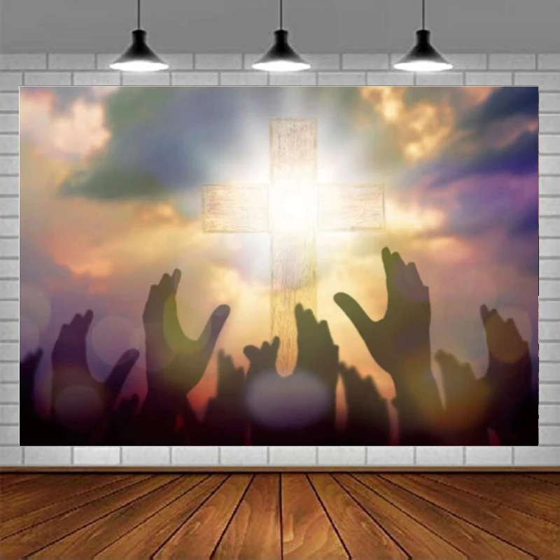 Фон для фотосъемки с крестом Иисуса небесный священный свет восход солнца рука