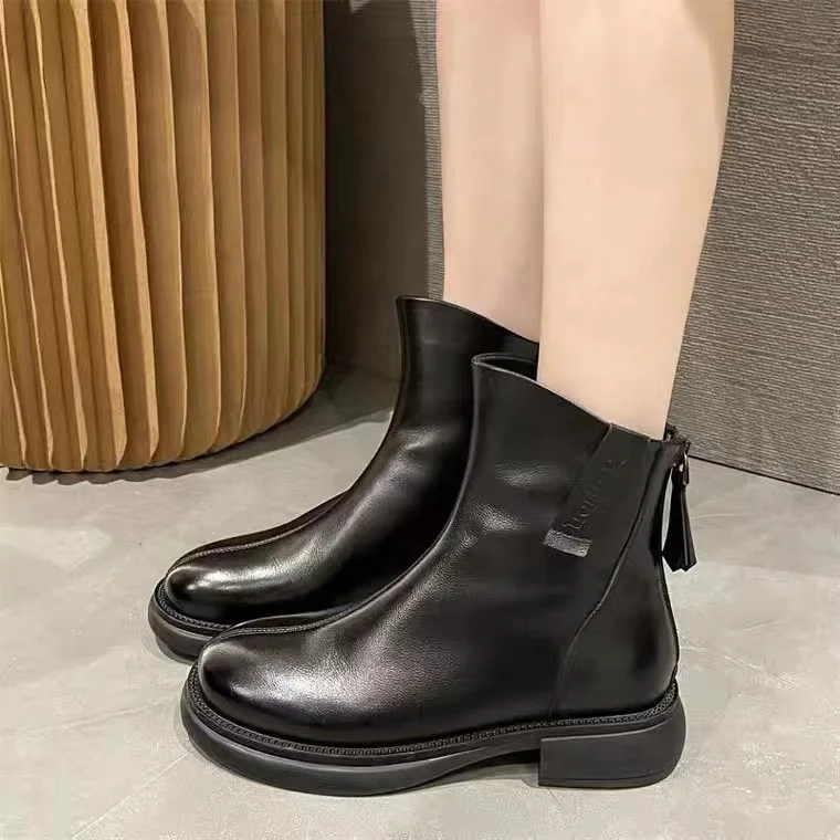 

Женские кожаные ботинки на молнии, с круглым носком, на толстой подошве