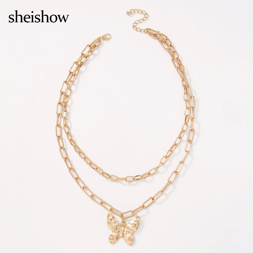 

Sheishow Geometric Chain Metal Stacking Double Layer Necklace for Women Fashion Butterfly Pendant Jewelry Choker Girls Collar