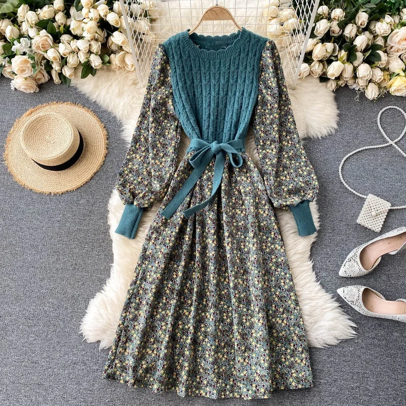 Corduroy Dress for Women 2023 Bandage Knitted Floral Vintage Dresses Versatile Autumn Elastic Loose Casual Vestidos