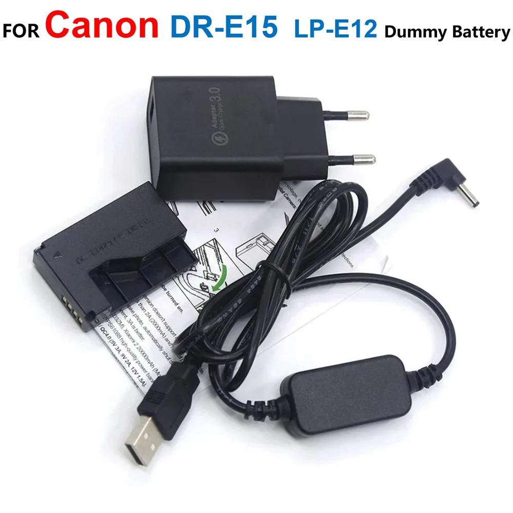 

DR-E15 DC Coupler LP-E12 Fake Battery+ACK-E15 5V USB Power Cable+Charger For Canon EOS 100D Kiss x7 Rebel SL1 SX70HS Camrea